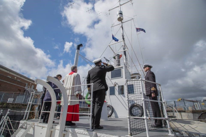 An image of the service onboard HMS M.33 from last year's Anzac Day