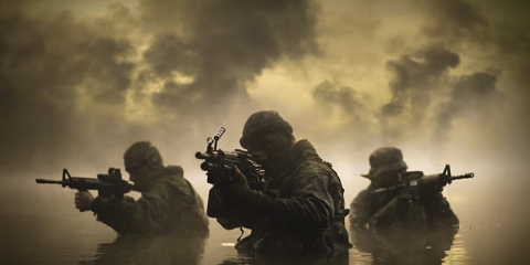 3 soldiers holding guns up to their face, with smoke behind them