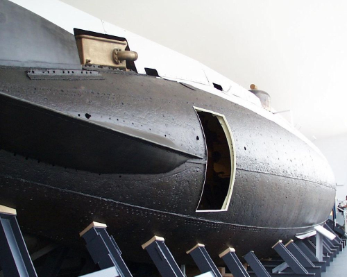 The Holland 1 submarine, on display at the Royal Navy Submarine Museum