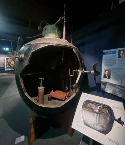 The full-size replica of the Turtle submarine, on display at the Submarine Museum