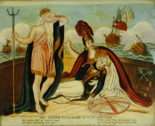 Memorial image of the death of Vice-Admiral Lord Nelson painted on glass. Credit NMRN