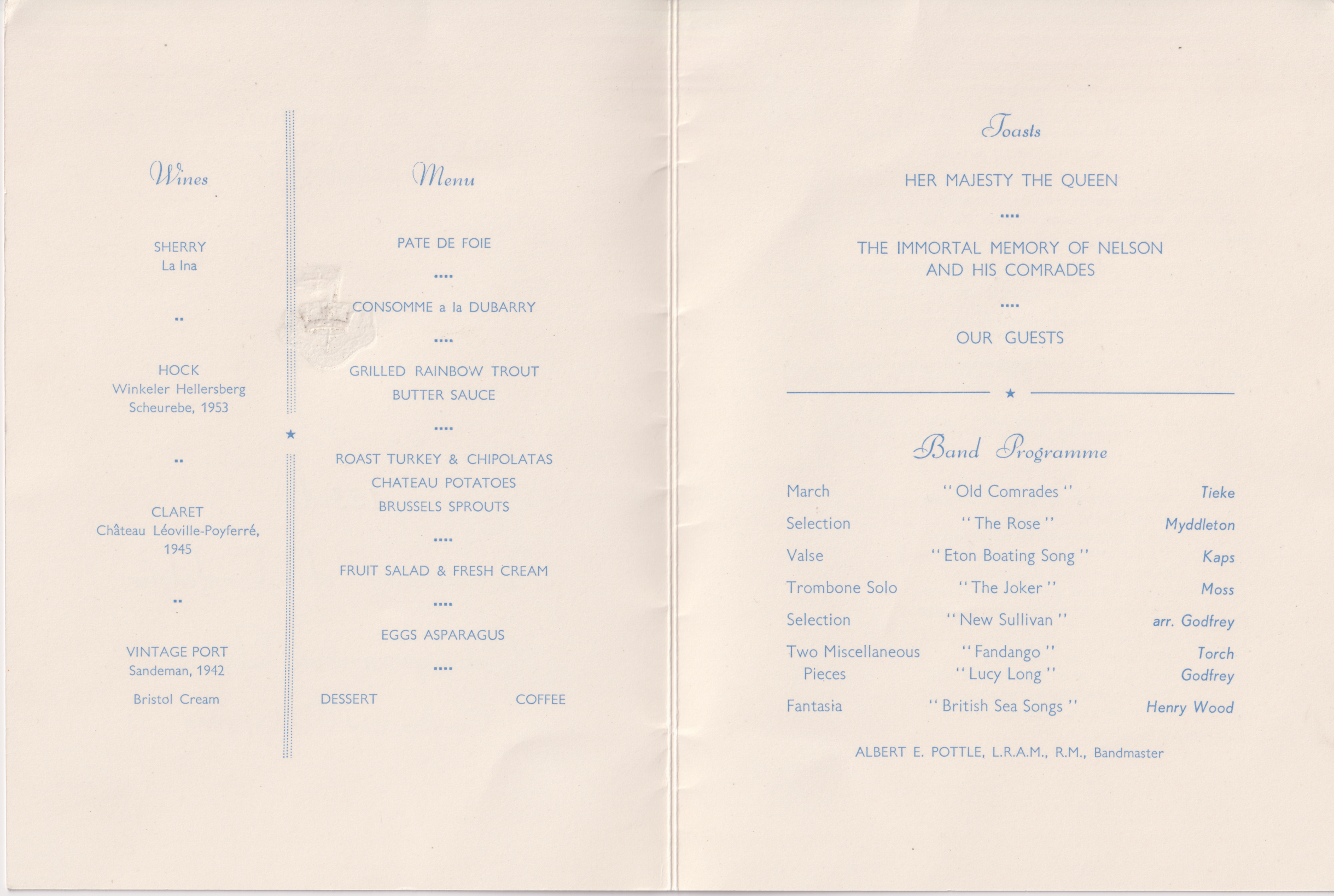 Trafalgar Night Dinner menu from 1958. Credit NMRN