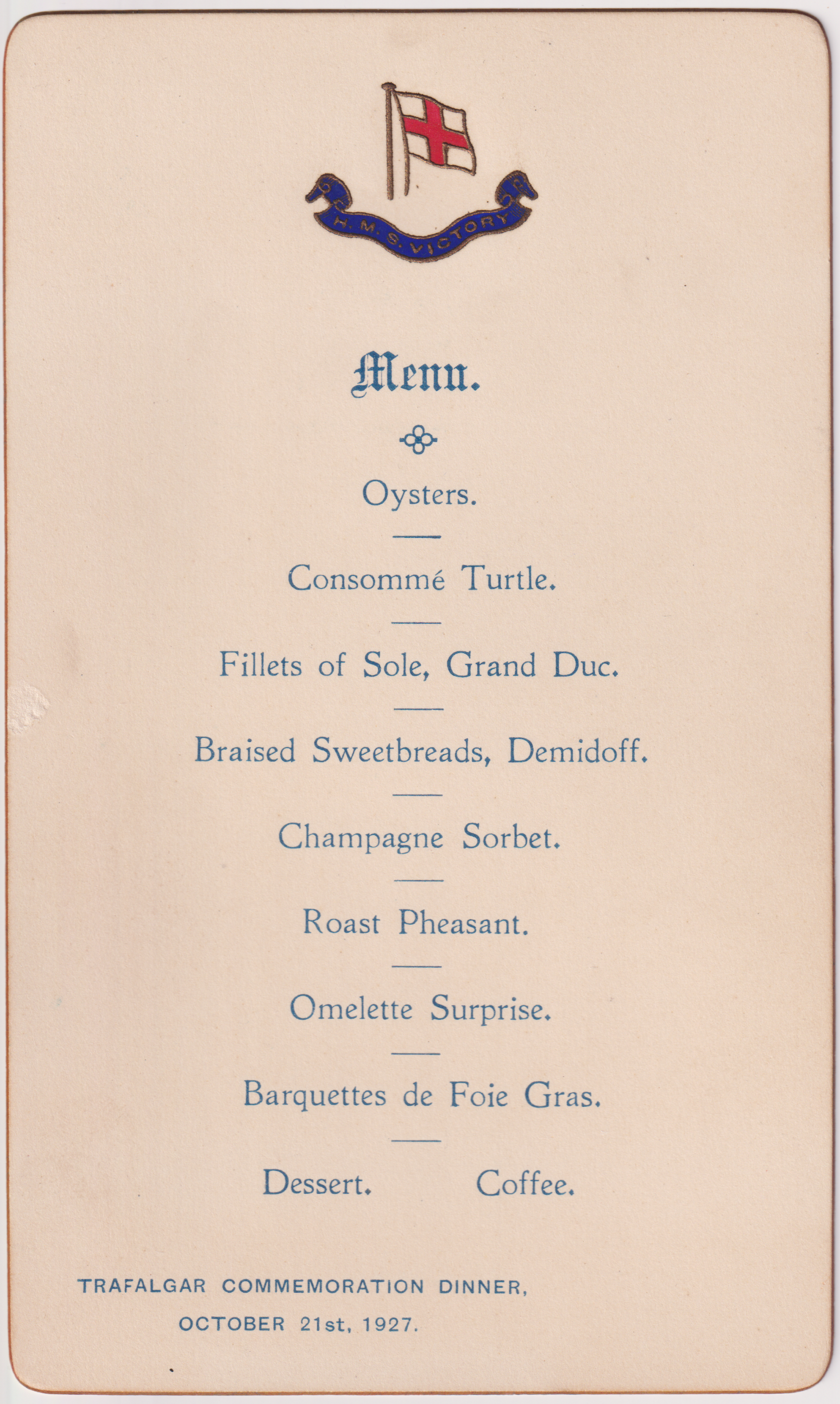 Trafalgar Night Dinner menu from 1927. Credit NMRN.