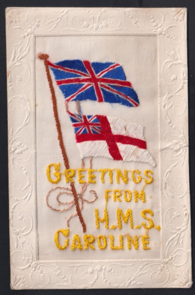 An embroidered postcard from HMS Caroline