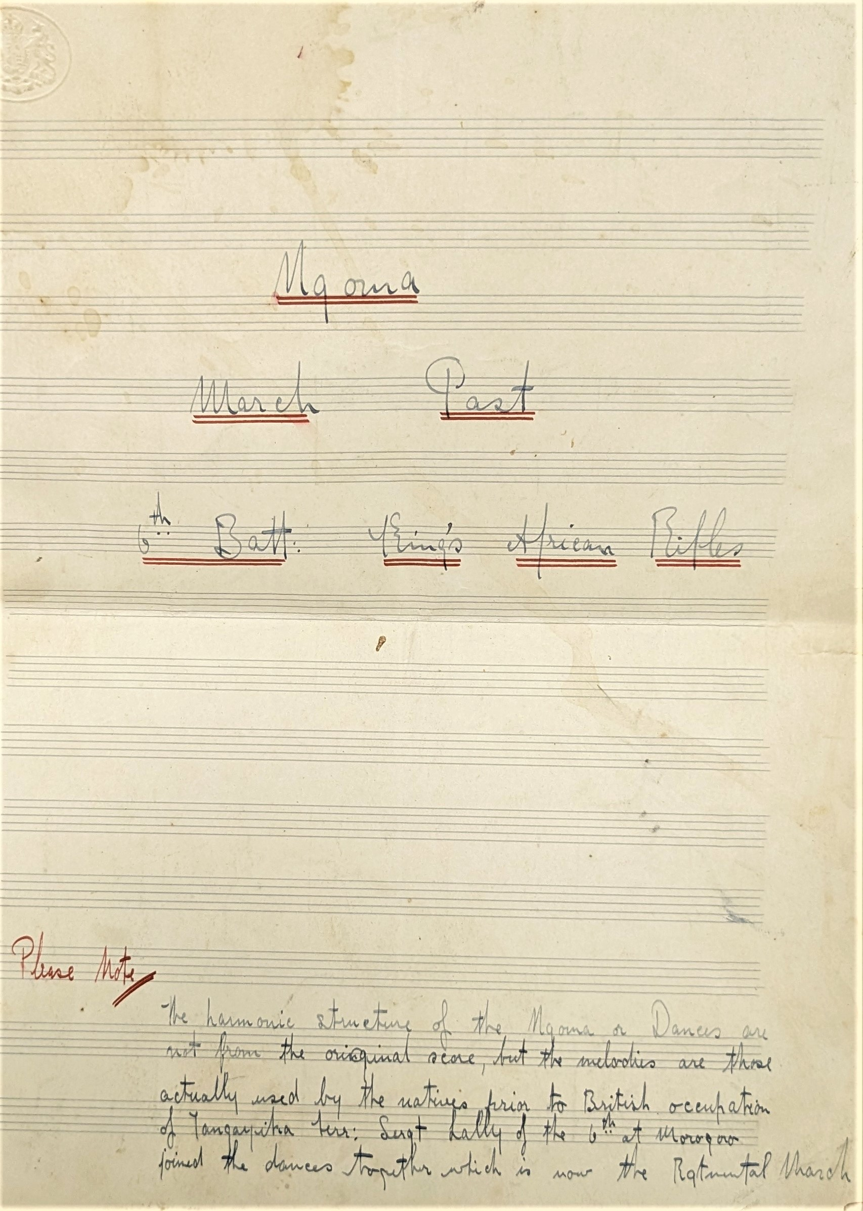 Sheet music by the 6th Battalion of the King’s African Rifles. CREDIT RNM 1987_497_26