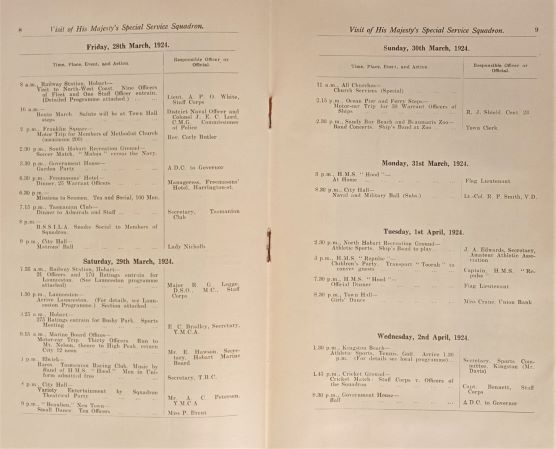 Programme of events for activities of HMS Dehli whilst in Hobert