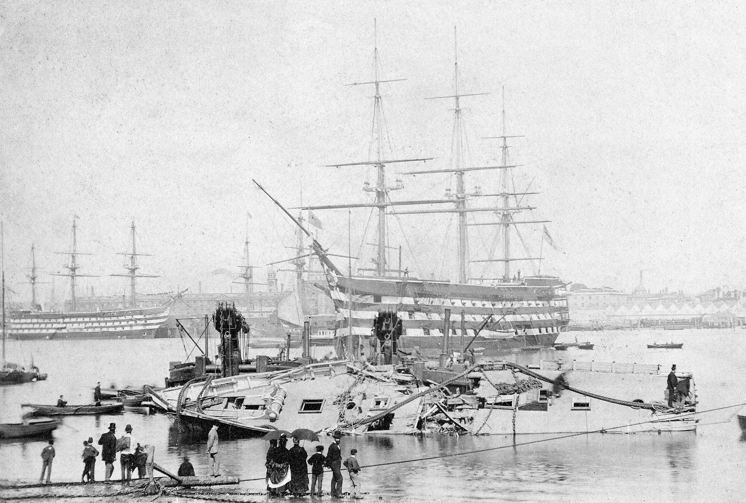 A black and white image from the mid to late 1800s of a ship