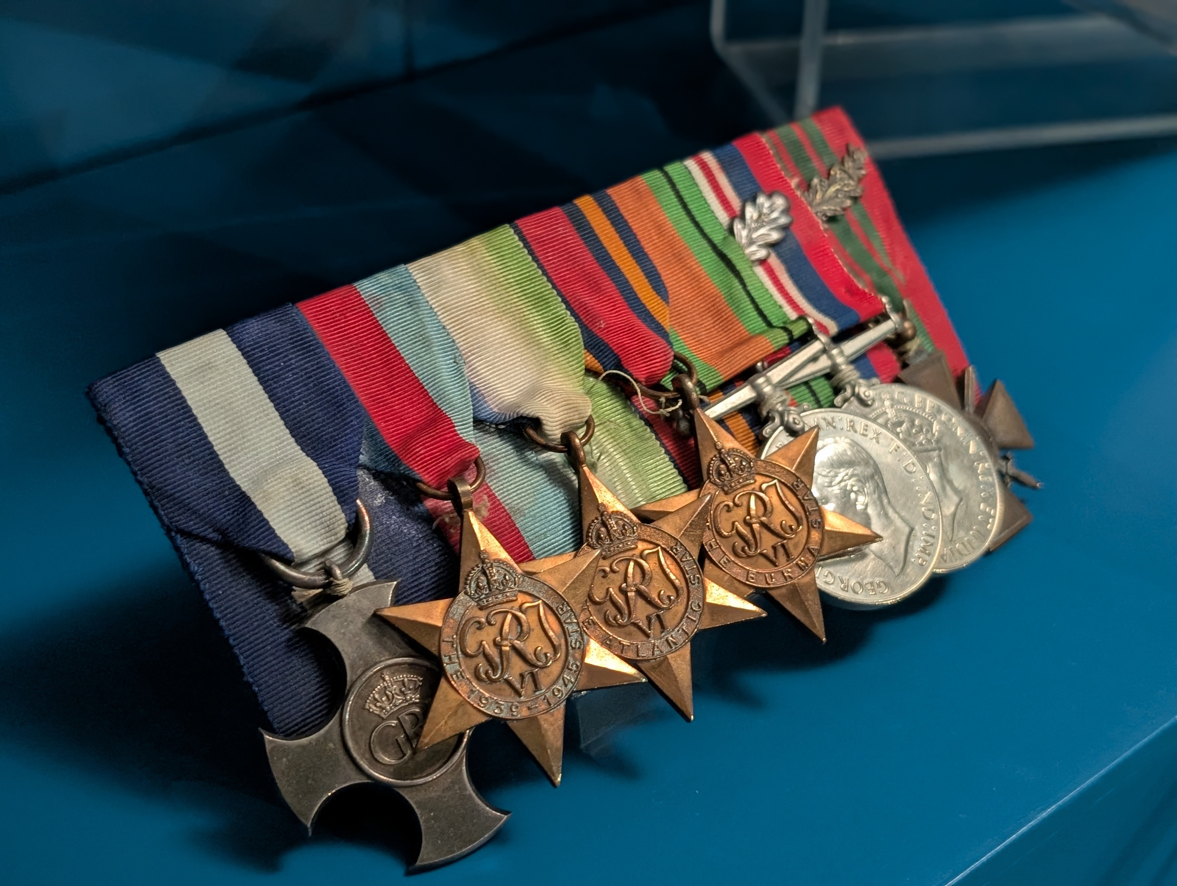A close-up on seven Second World War-era medals