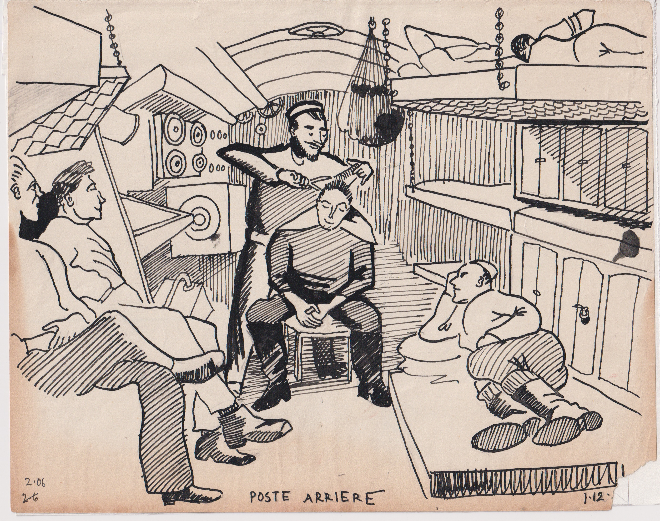 A drawing of a man having a haircut on a submarine
