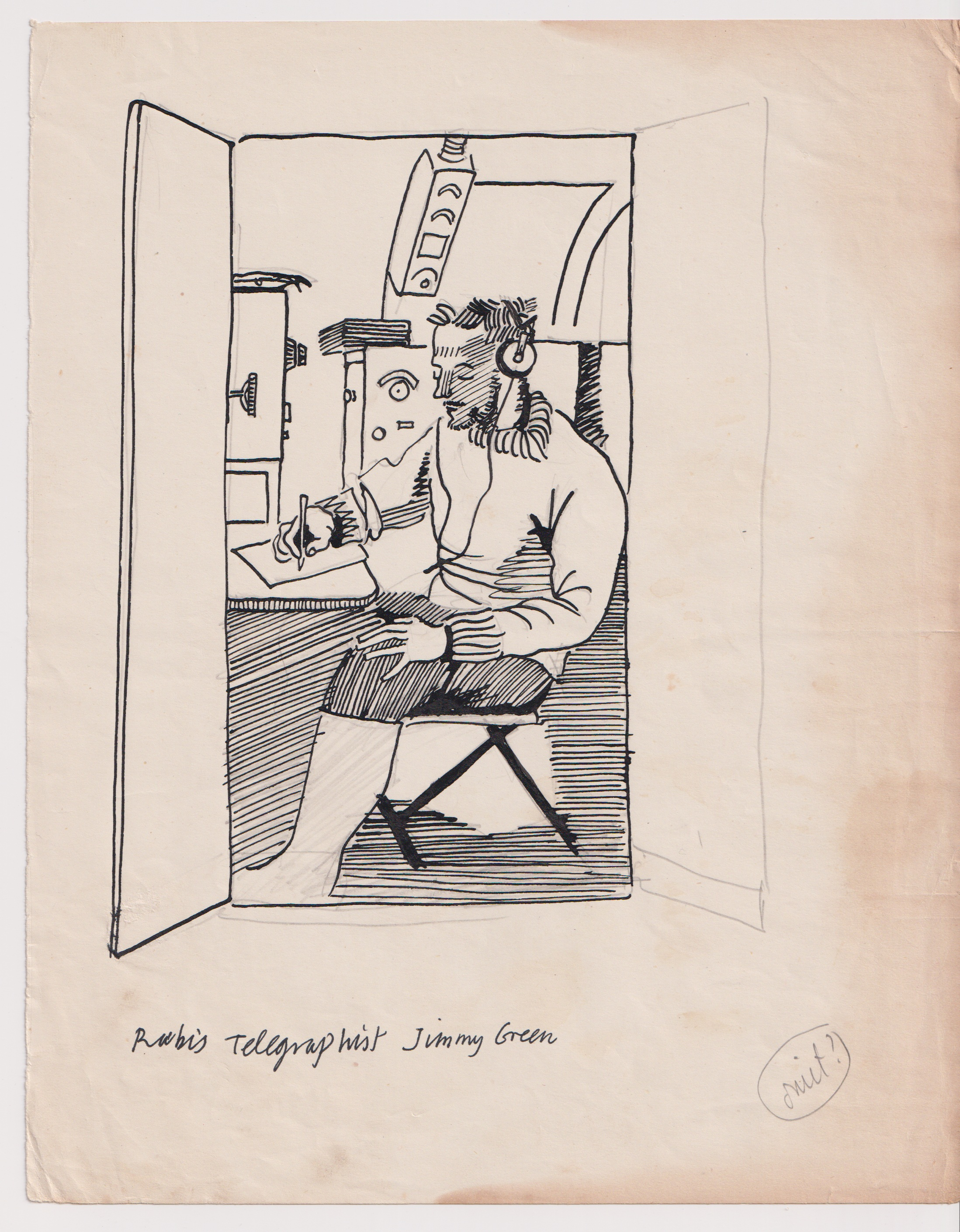 A drawing of a submarine's telegraphist at work sat in a chair
