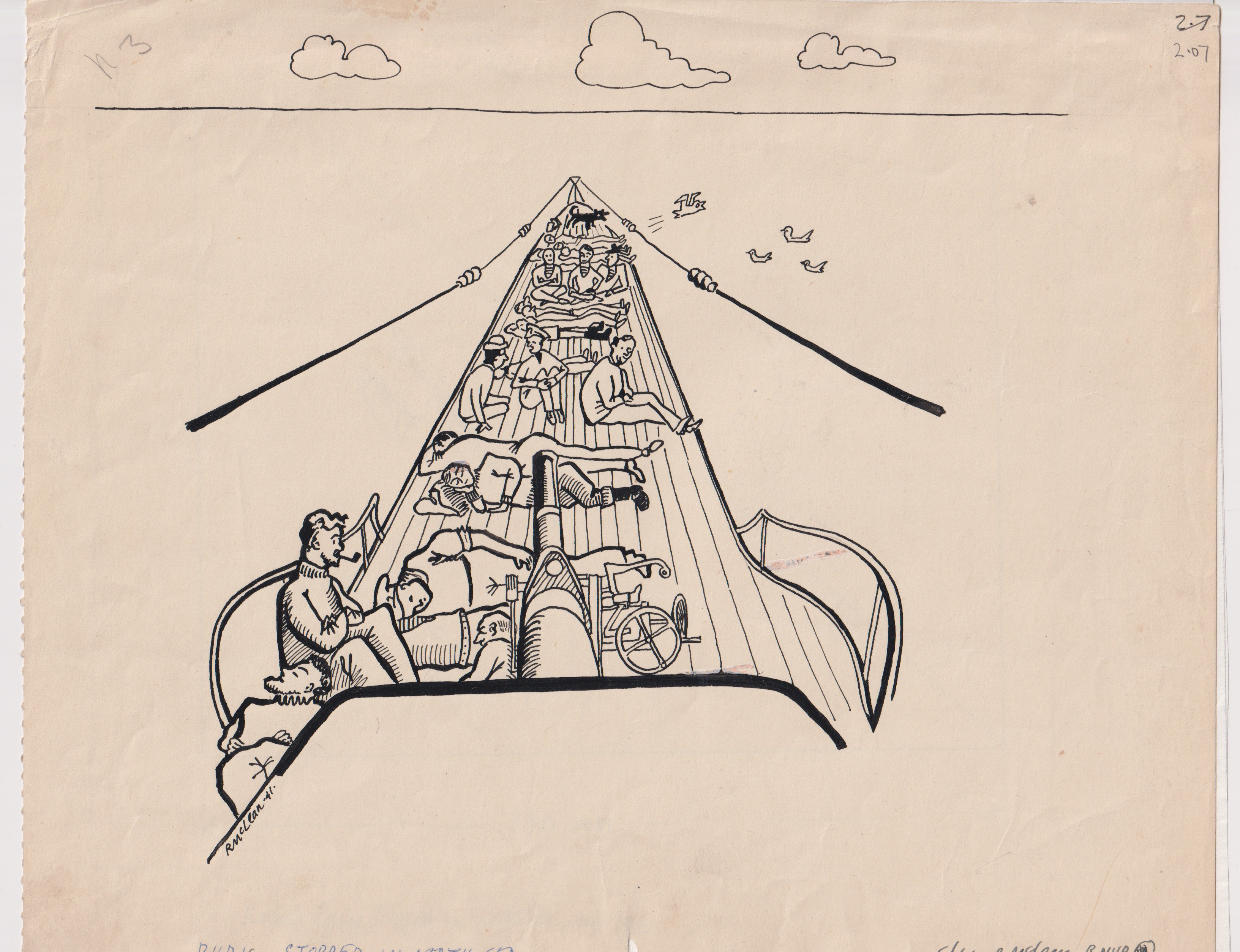 A drawing of a submarine crew relaxing on top of a submarine