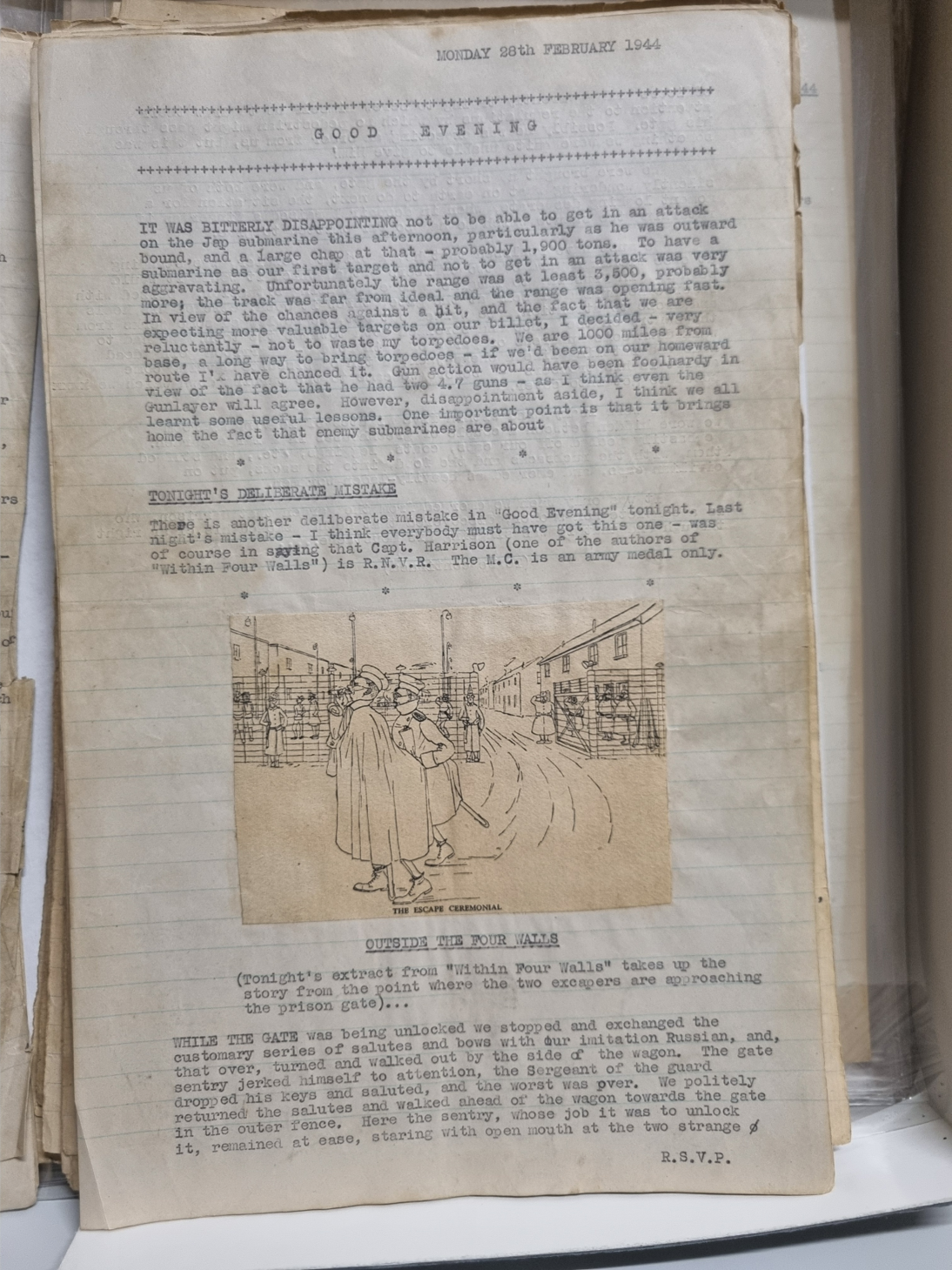 A typed piece of paper intended to be a newspaper for a submarine's crew