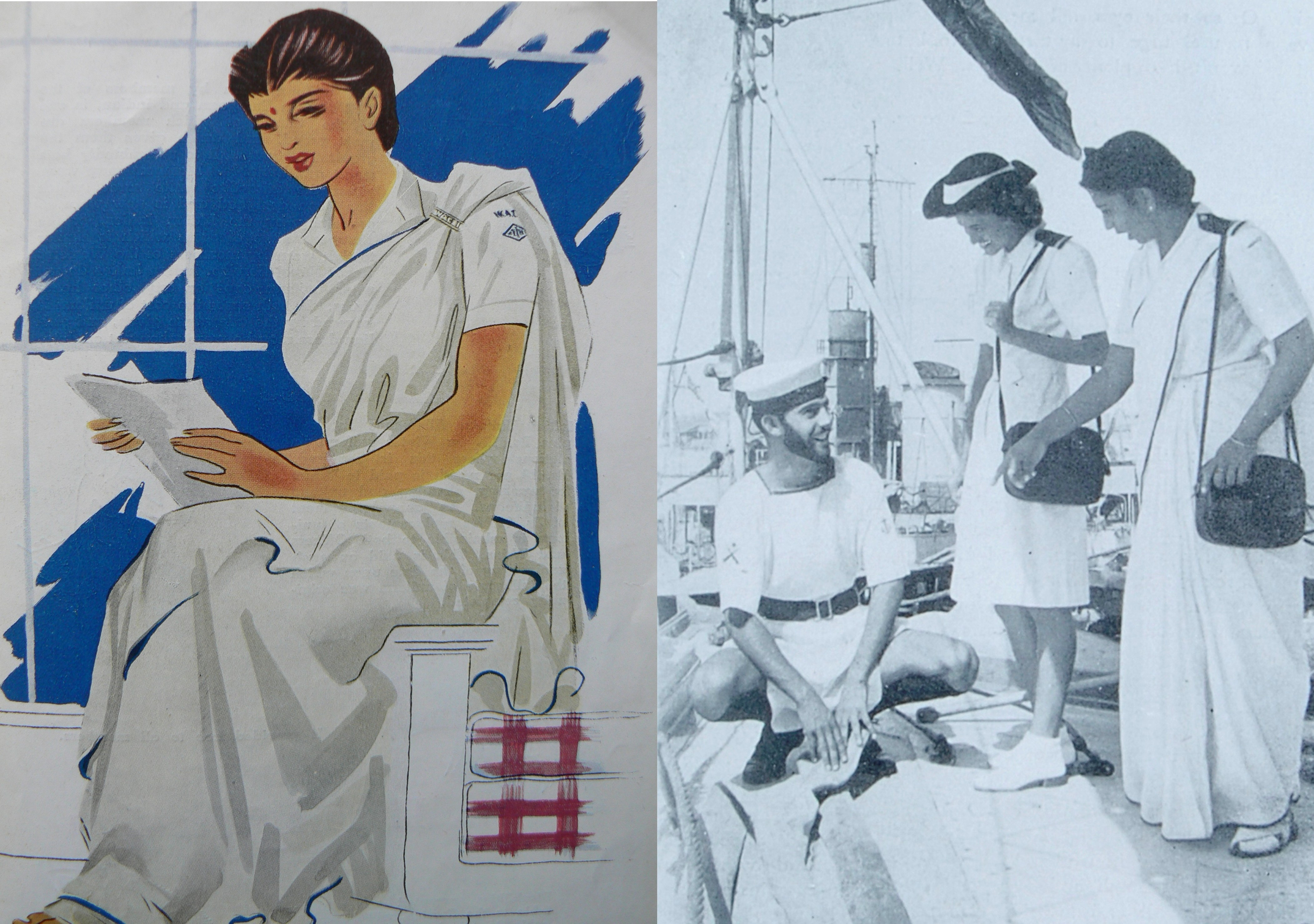 A drawing of a woman in a Royal Navy Sari alongside a real-life example