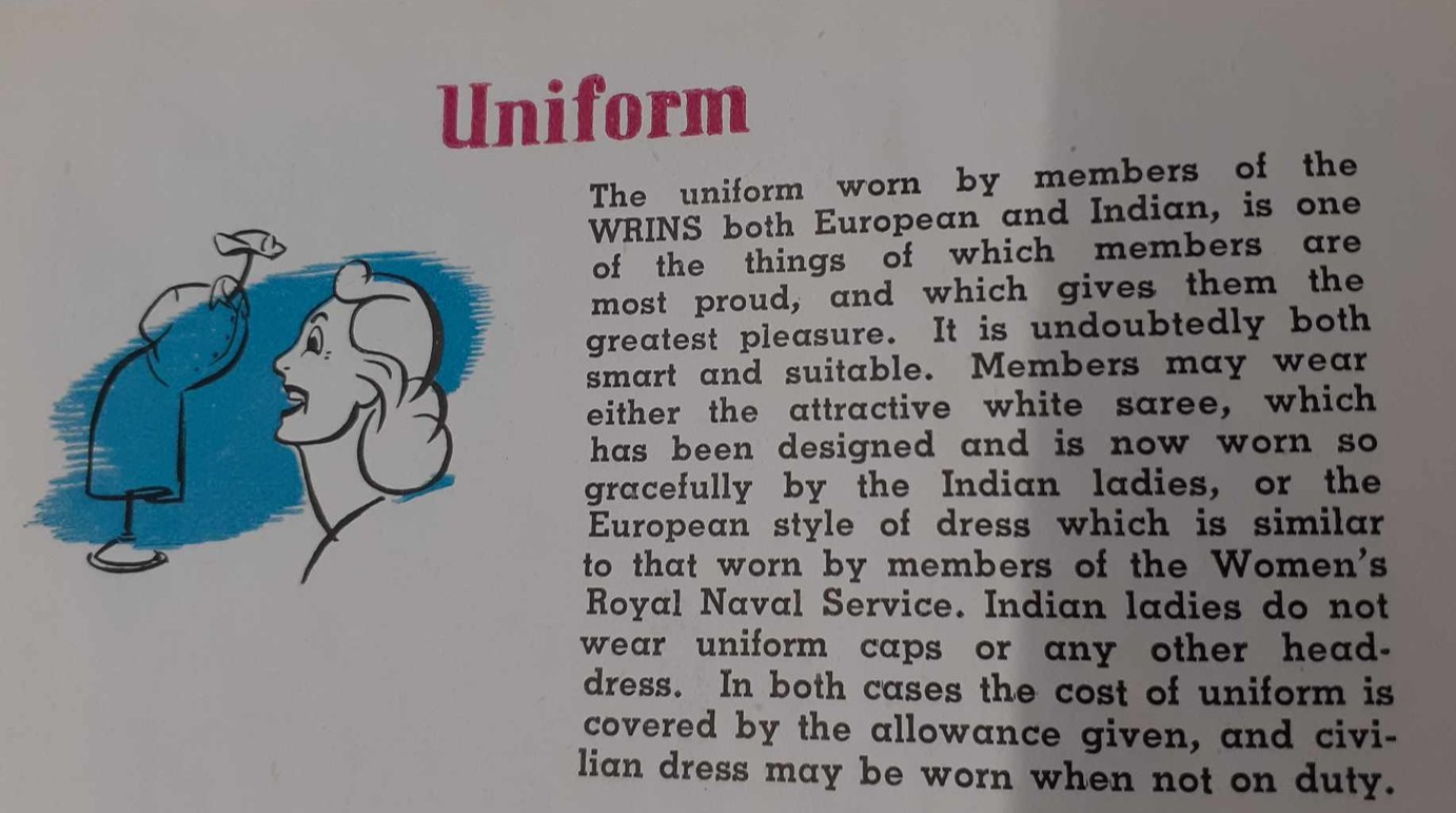 An entry in a book detailing dress for the Women's Royal Indian Naval Service