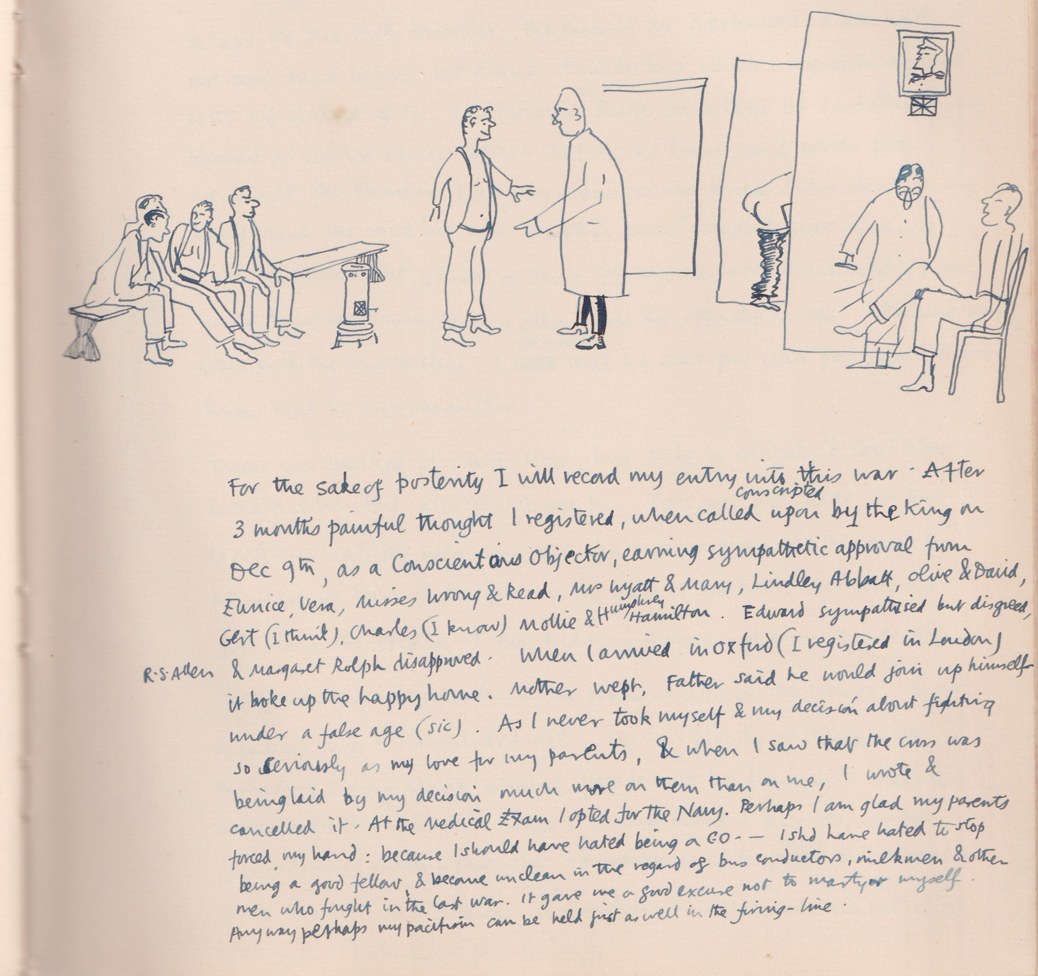 A page from a diary featuring writing and a caricature of a man having a medical exam