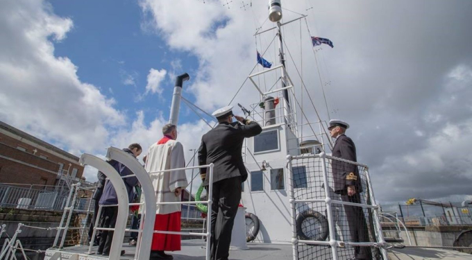 The service onboard HMS M.33 from 2023's Anzac Day in Portsmouth Historic Dockyard