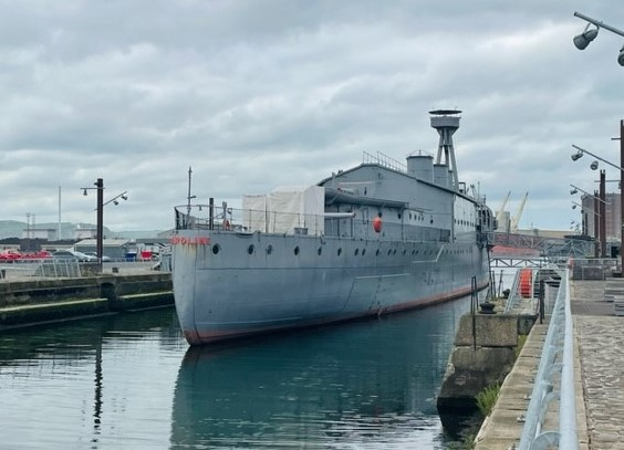 Exterior of HMS Caroline in the water