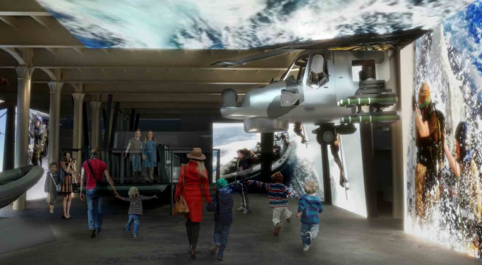 Artist rendering of ground floor of Royal Marine Museum featuring Lynx Helicopter 