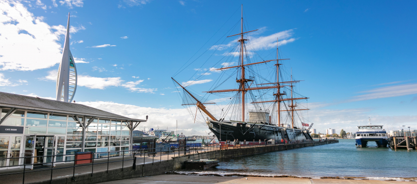 Spinnaker Tower, Visitor Centre, HMW Warrior, and Harbor Tour boat 