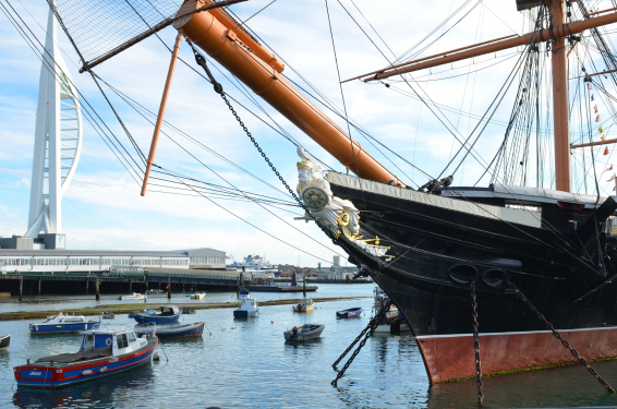 HMS Warrior exterior and view of spinnaker tower