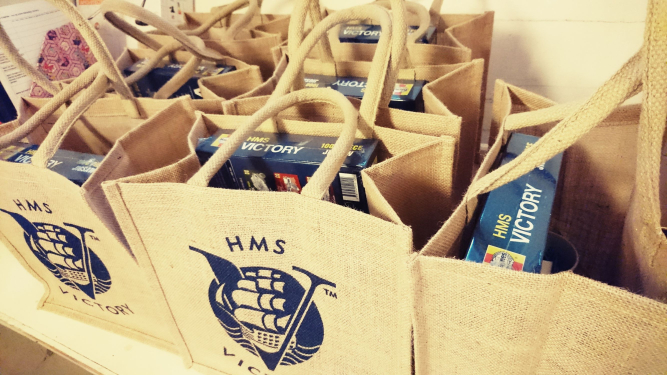 Gift bags with the HMS Victory logo