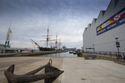 External shot of HMS Warrior in Portsmouth Harbour