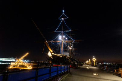 The Christmas lights on HMS Warrior Credit NMRN