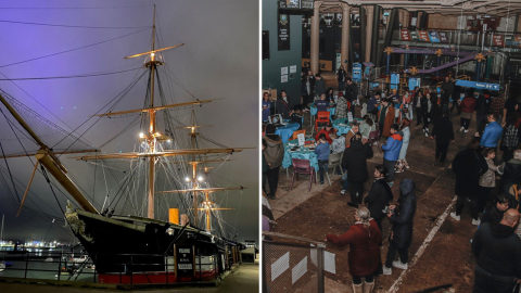 HMS Warrior and Action Stations during the stargazing event at Portsmouth Historic Dockyard