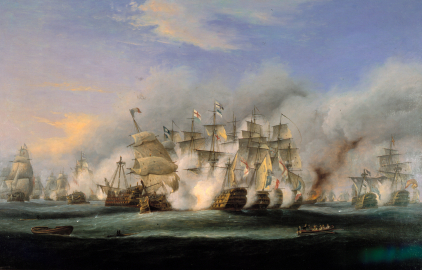 An oil painting depicting several Napoleonic-era warships engaged in battle