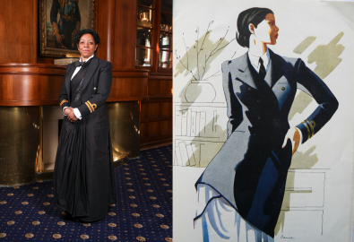 A woman in a Royal Navy sari alongside an older artists impression