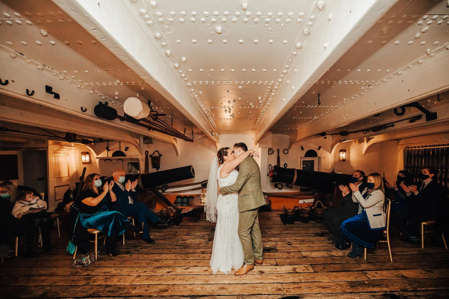 Wedding ceremony bride and groom HMS Warrior