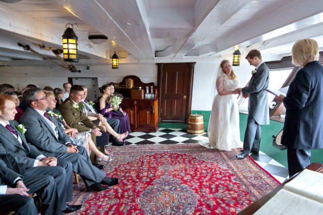 HMS Trincomlaee bride and groom saying vows 