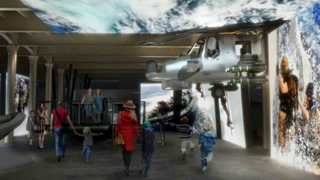 Artist rendering of ground floor of Royal Marine Museum featuring Lynx Helicopter 