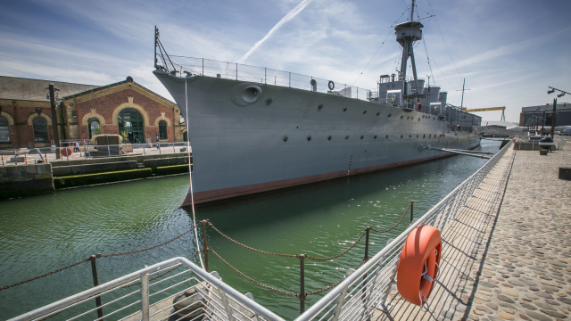 HMS Caroline is a First World War ship and image shows her at her berth in Belfast