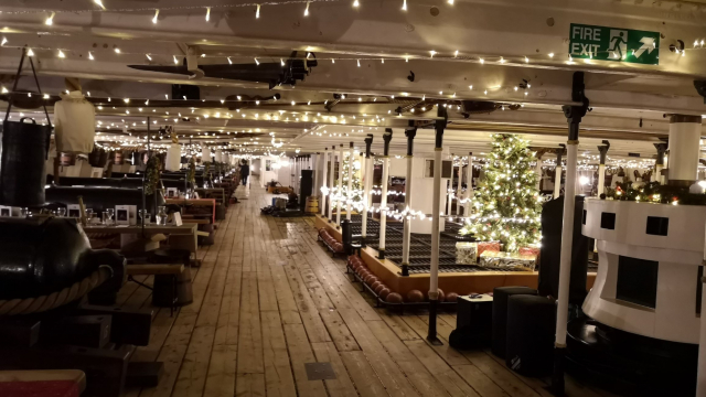 HMS Warrior decorated for Christmas party season