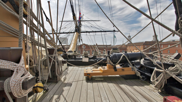 Top deck on HMS Victory with views across dockyard for networking drinks reception 