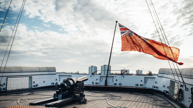 Top deck on HMS Warrior with views over Portsmouth Harbour