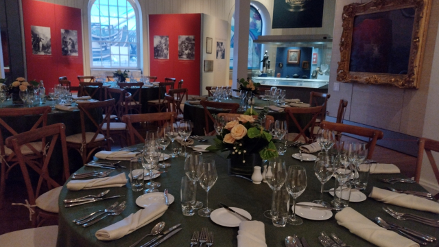 Nelson Gallery round table set up for corporate dinner venue hire