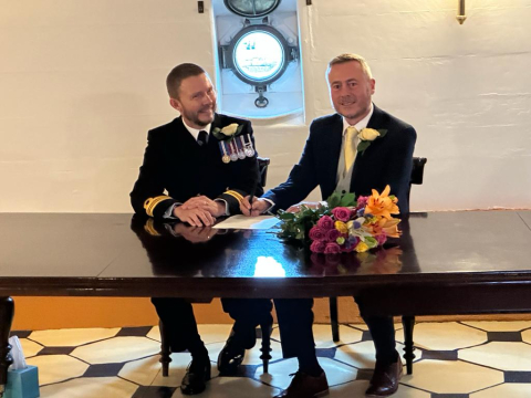 Samesex wedding couple ceremony HMS Warrior