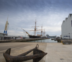 External shot of HMS Warrior in Portsmouth Harbour