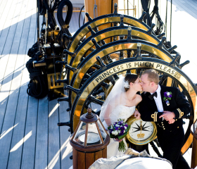 Bride and groom on HMS Warrior top deck