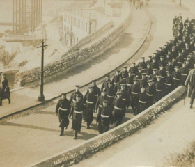 Marching to the unveiling of the Royal Marine Light Infantry Memorial at Plymouth on Tuesday November 8th 1921 by Earl Fortescue, Lord Lieutenant of Devon.