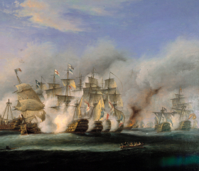 An oil painting depicting several Napoleonic-era warships engaged in battle