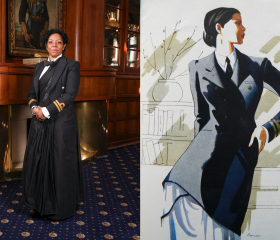 A woman in a Royal Navy sari alongside an older artists impression