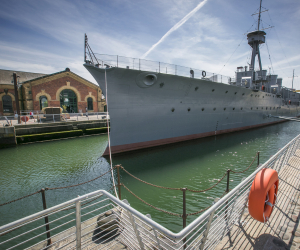 HMS Caroline is a First World War ship and image shows her at her berth in Belfast