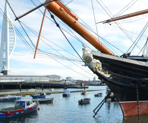 HMS Warrior exterior and view of spinnaker tower
