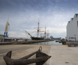 External shot of HMS Warrior in Portsmouth Harbour