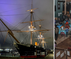 HMS Warrior and Action Stations during the stargazing event at Portsmouth Historic Dockyard