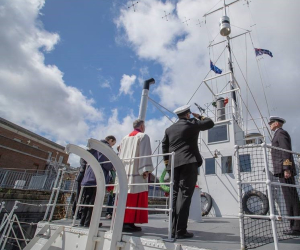 An image of the service onboard HMS M.33 from last year's Anzac Day