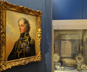 A gallery space featuring a 3/4 angle painting of Vice Admiral Lord Horatio Nelson